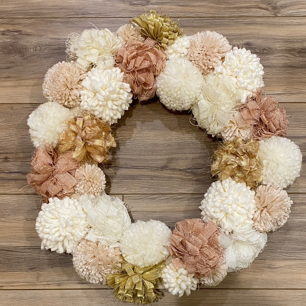 Neutral Holiday Pom-Pom Wreath with Gold Accents